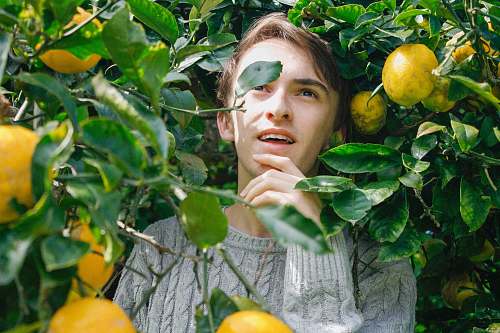 citrus fruit man holding his jaw surrounded by yellow fruit flora